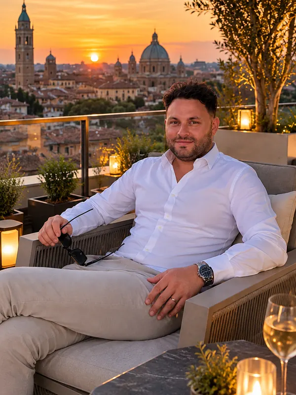 Alex seduto su una terrazza al tramonto