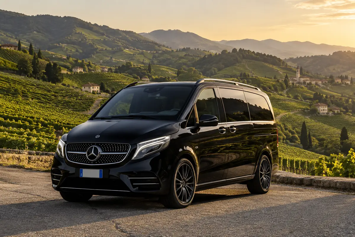 Mercedes Classe V nero tra le colline dei vigneti